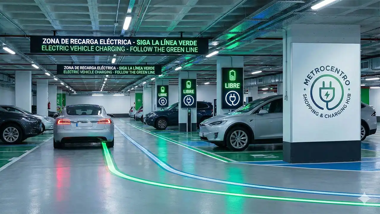 El Parking del Futuro: Señalética que guía a los clientes con vehículos eléctricos hacia los puntos de recarga