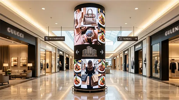 Pantalla LED cilíndrica y circular para impacto visual envolvente en retail.