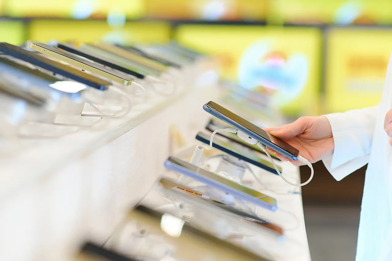 Smartphone de última generación exhibido sobre un soporte transparente de metacrilato en una tienda de tecnología.
