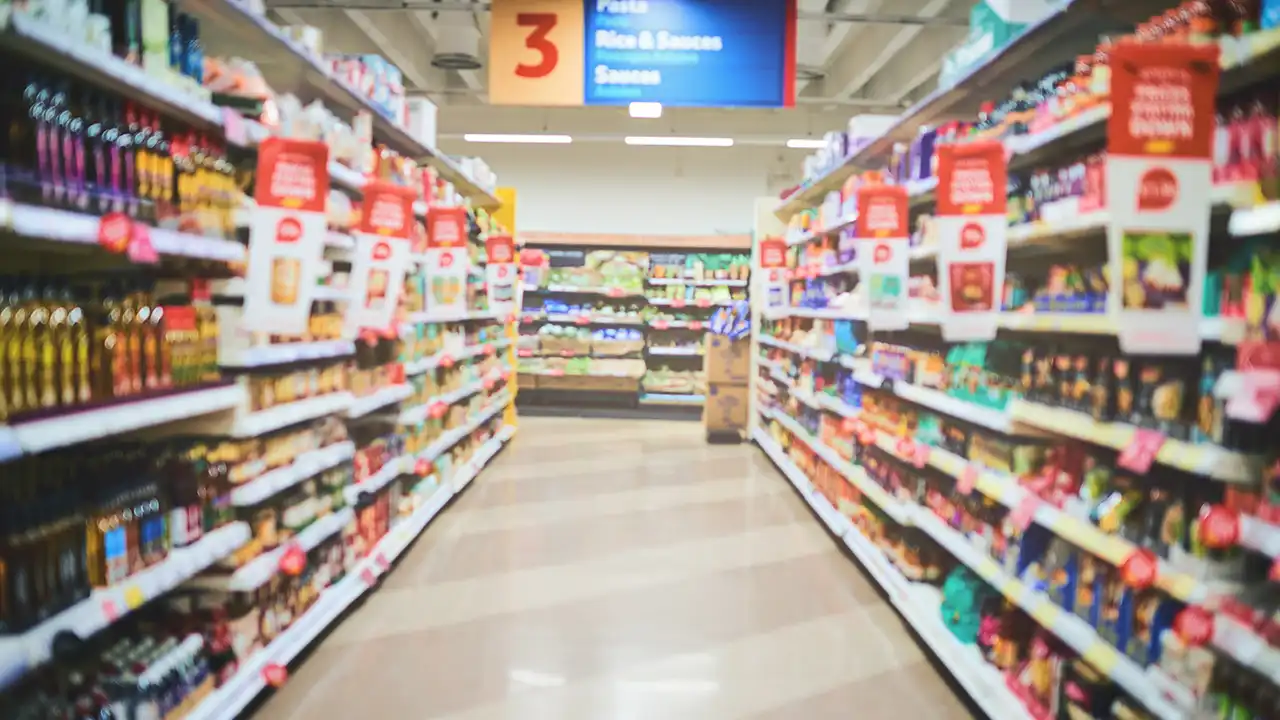 Estantes de supermercado perfectamente organizados con separadores automáticos y empujadores de producto Vatisa para incentivar la compra por impulso.