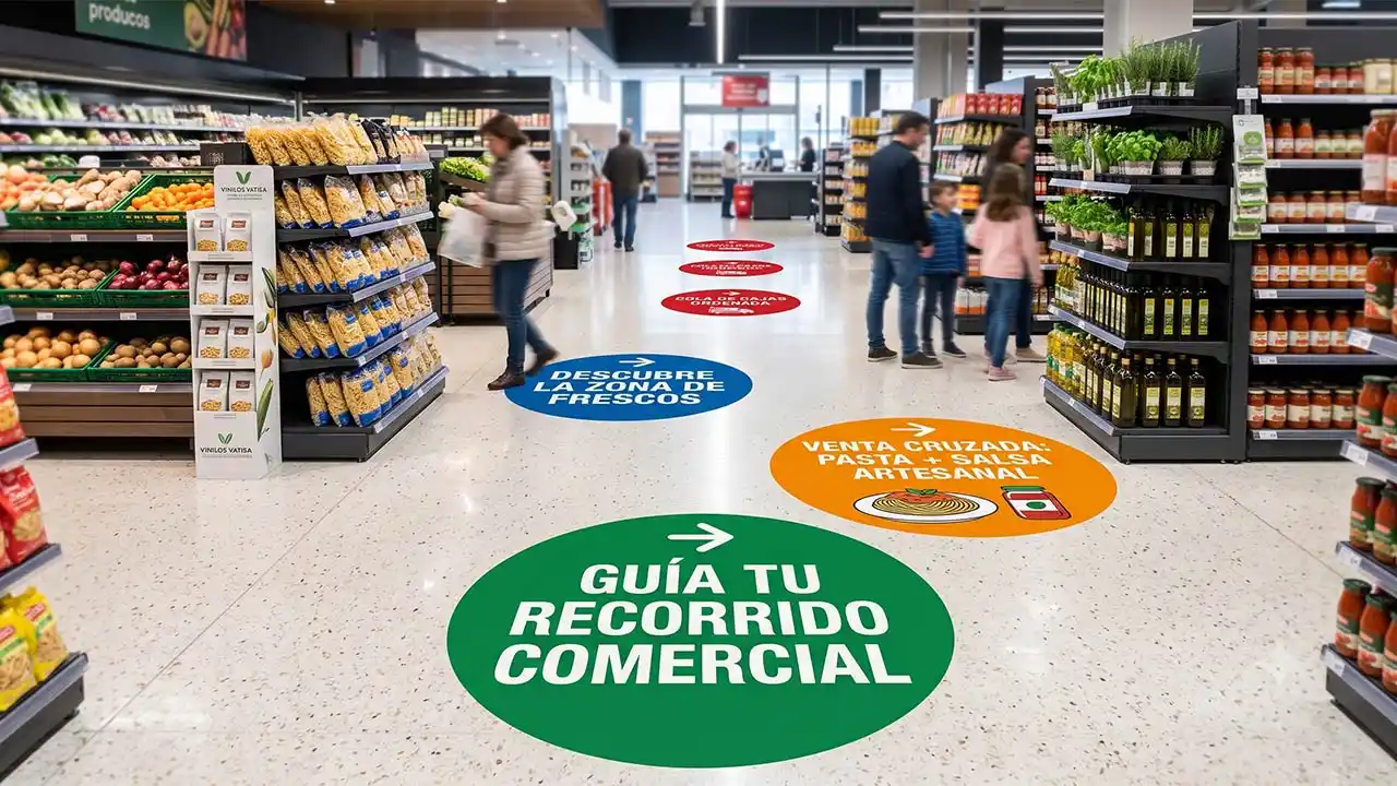 Gráfica publicitaria e indicativa mediante vinilos de suelo antideslizantes en el pasillo de un supermercado para optimizar el Customer Journey.
