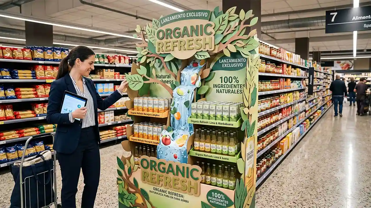Cabecera de góndola temática con volumen y troquelado digital en punto de venta de gran consumo.