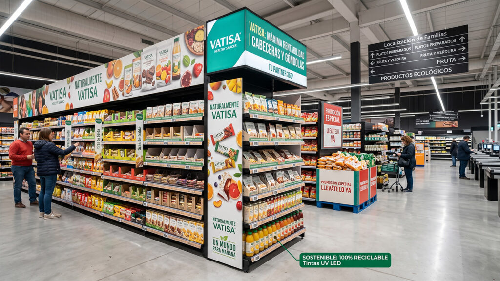 Cabecera de góndola vestida con elementos gráficos de marca, copete superior e iluminación en un supermercado.