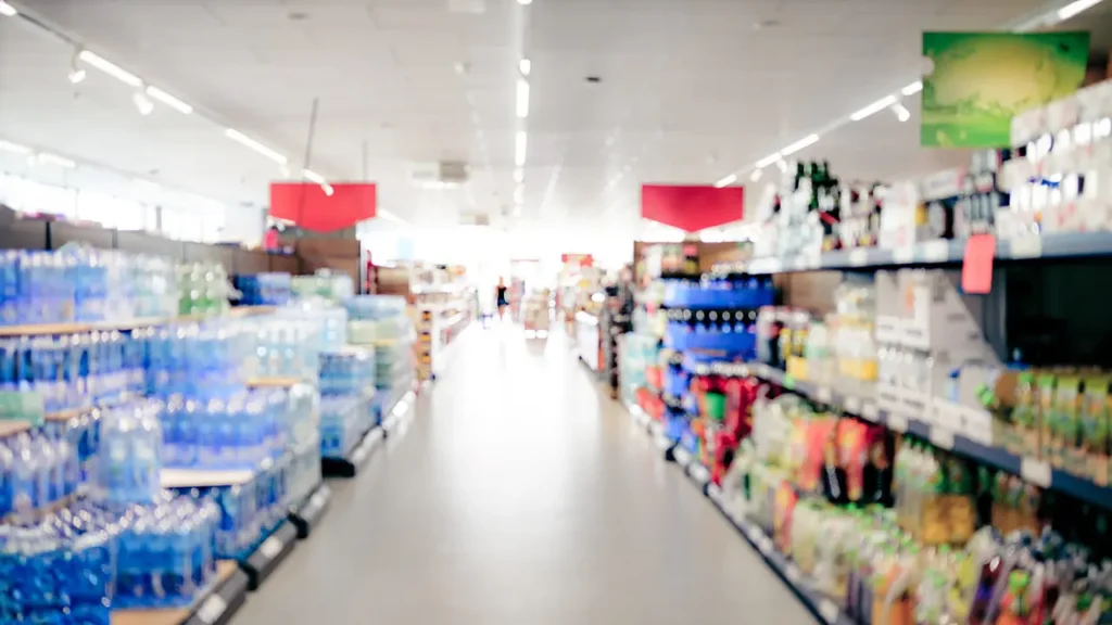 Cartelería de pasillo y señalización aérea en supermercado diseñada por Vatisa.