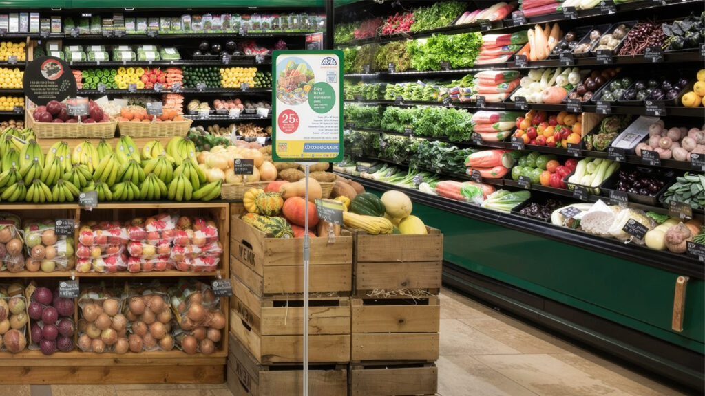 Sistema de marcos y accesorios modulares para cartelería de plástico e imán fijado en estantería comercial