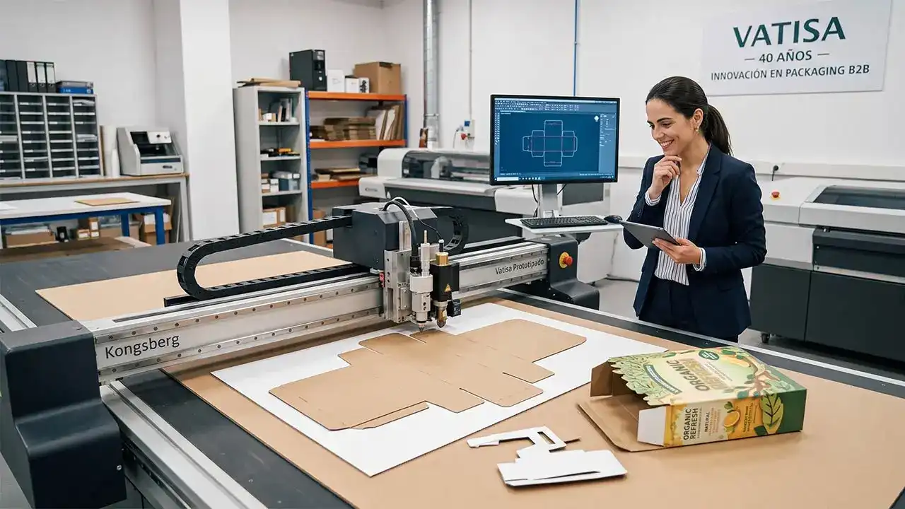 Mesa de corte digital Kongsberg procesando un prototipo de packaging de cartón para validación de diseño B2B.