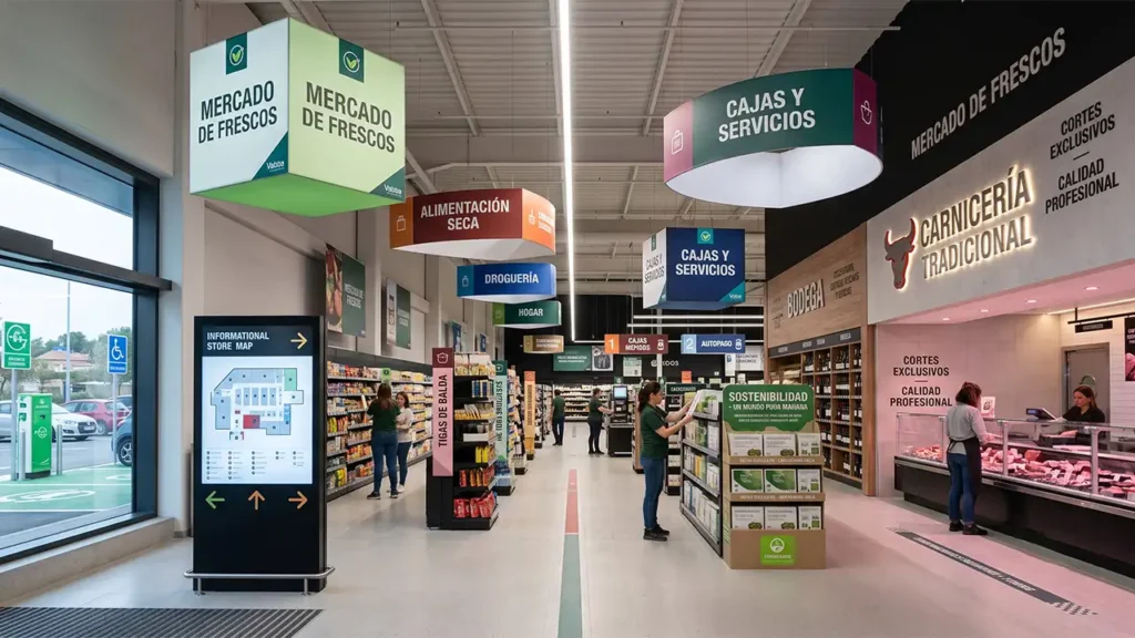 Vista general de un supermercado con cartelería aérea suspendida, banderolas de pasillo y señalética de secciones instalada por Vatisa.