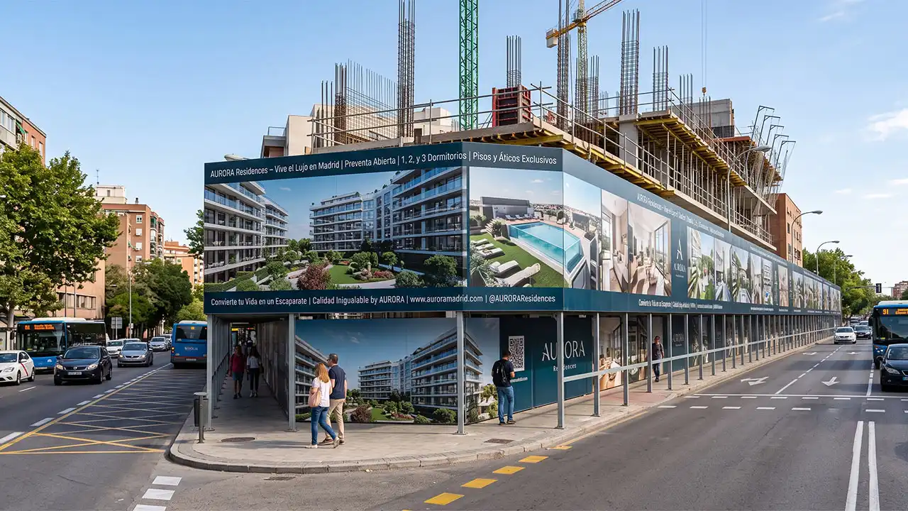 Cerramiento perimetral de obra vestido con paneles rígidos publicitarios de una promoción inmobiliaria.