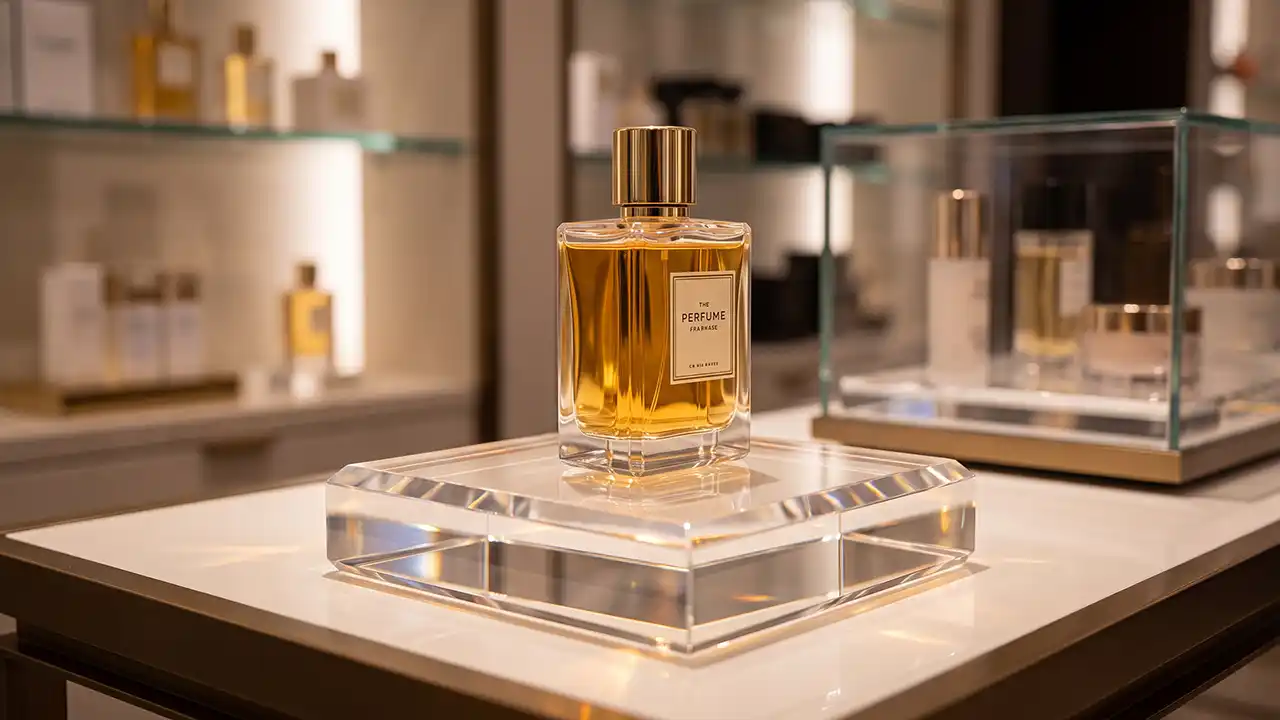 Glorificador de perfume en metacrilato pulido con iluminación para punto de venta de lujo
