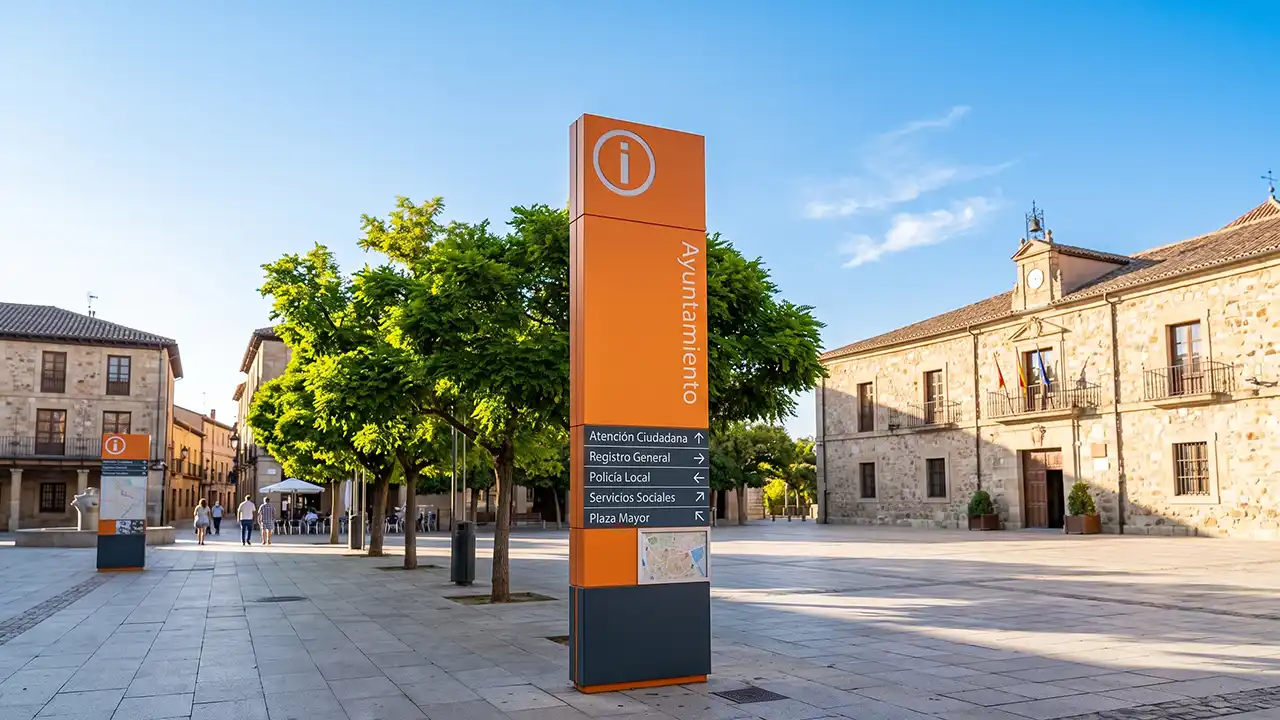 Tótem monolito institucional exterior en plaza pública fabricado en composite de aluminio resistente al vandalismo y la intemperie.