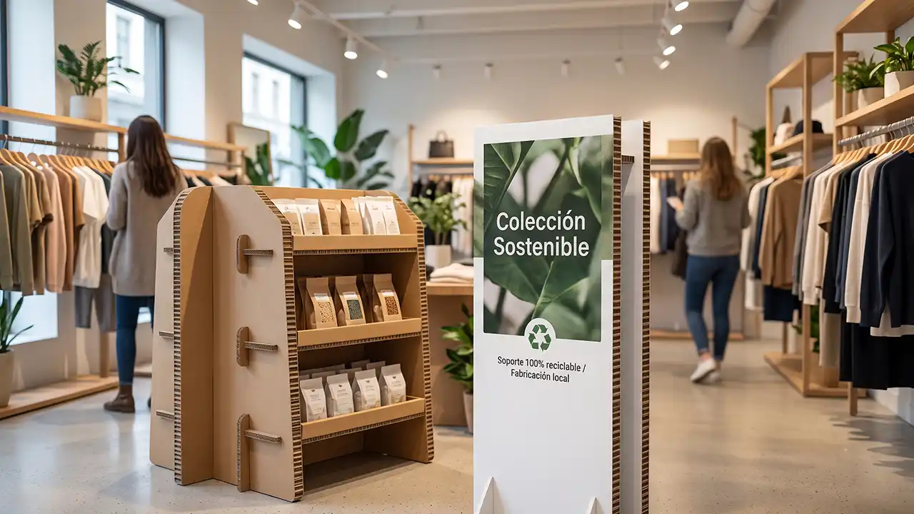Expositor de cartón estructural reciclable en tienda retail de moda sostenible