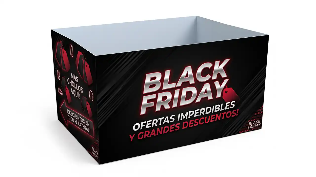 Isla promocional de Black Friday con cubrepalets impreso y tótem de cartón en pasillo central de retail