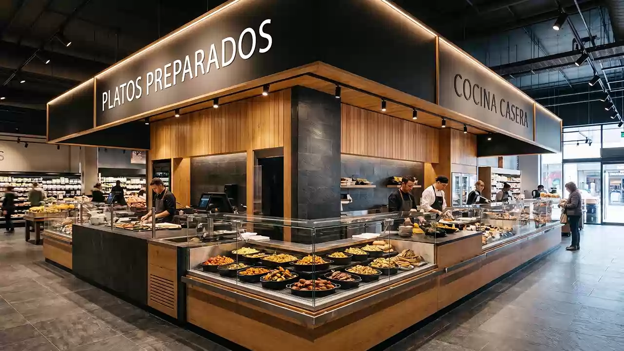 Decoración visual con madera y cartelería aérea en la sección de platos preparados de un supermercado moderno
