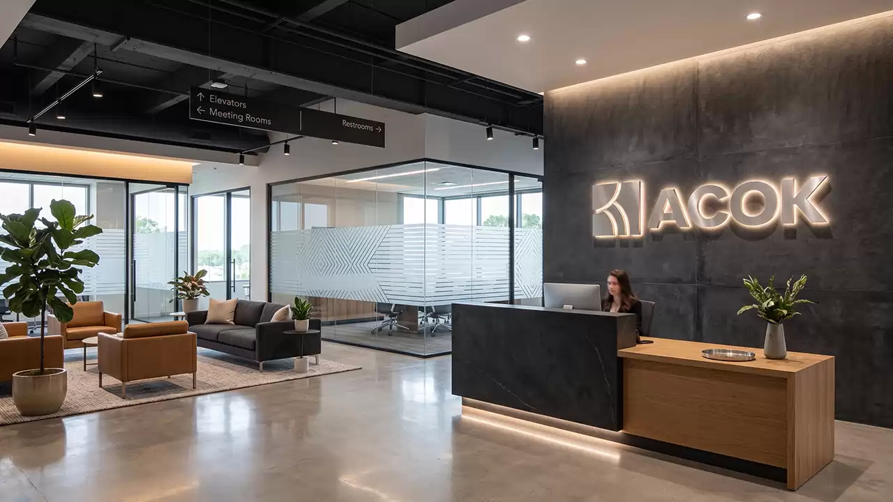 Letras fresadas de aluminio y señalización corporativa instalada en recepción de oficinas